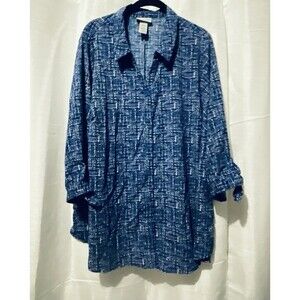 Catherines Blouse Womens Plus 1X  18/20W Blue  3/4 Sleeves Button Front